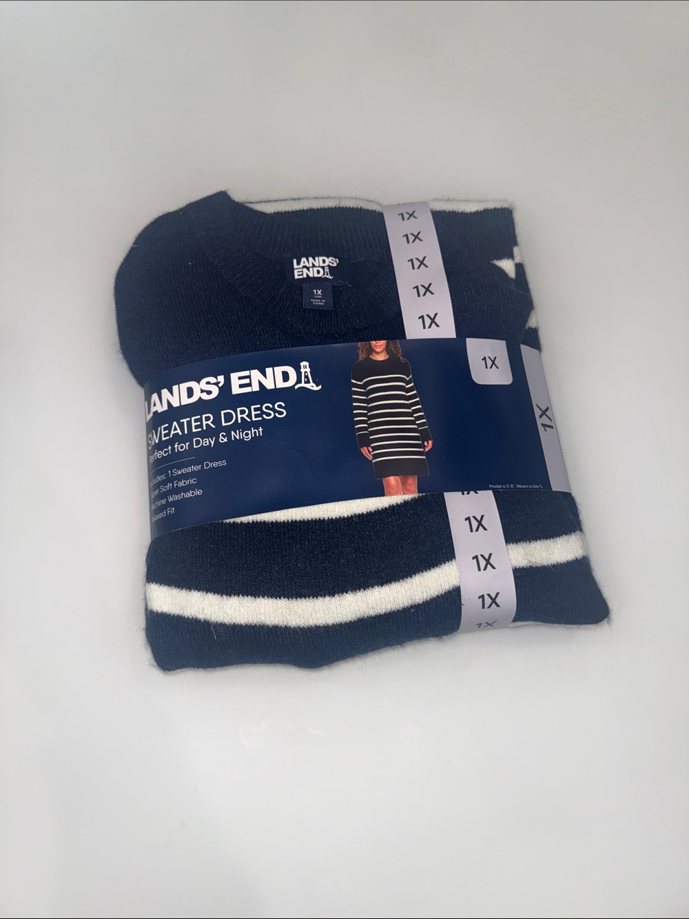 Lands' End Navy & White Striped Sweater Dress - 1X